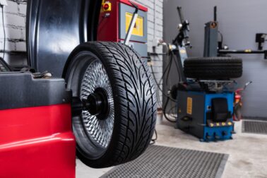 Car wheel balancing in tire service.