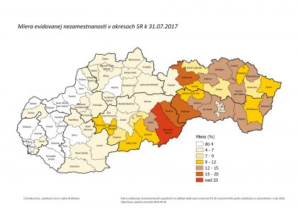 mapa nezamestnanosti SR jul 2017