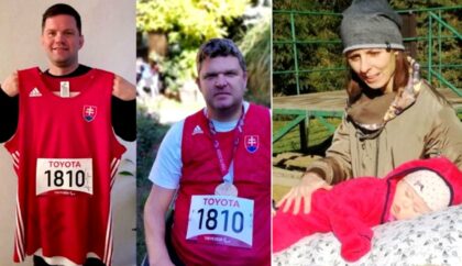 foto. zľava Anton Minárik, Marián Kuřeja a malá Lujza s maminou