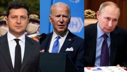 Zľava Volodymyr Zelenskyj, Joe Biden a Vladimir Putin