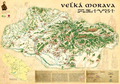 Predná strana ručne maľovanej mapy Veľká Morava