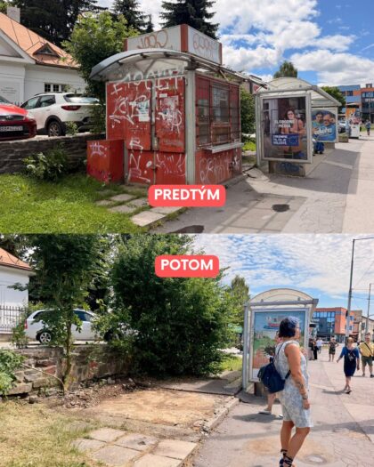 Pred a po odstránení stánku na Sládkovičovej